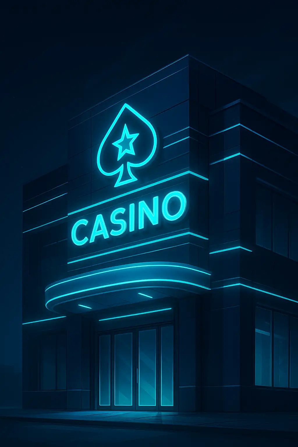 Futuristic building facade with neon signage at night