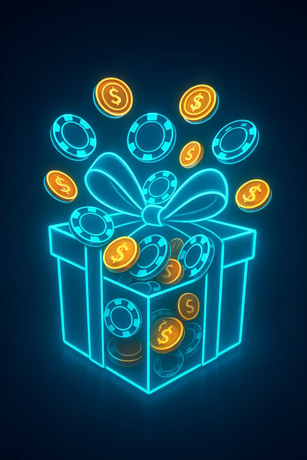 Glowing gift box overflowing with casino chips and coins